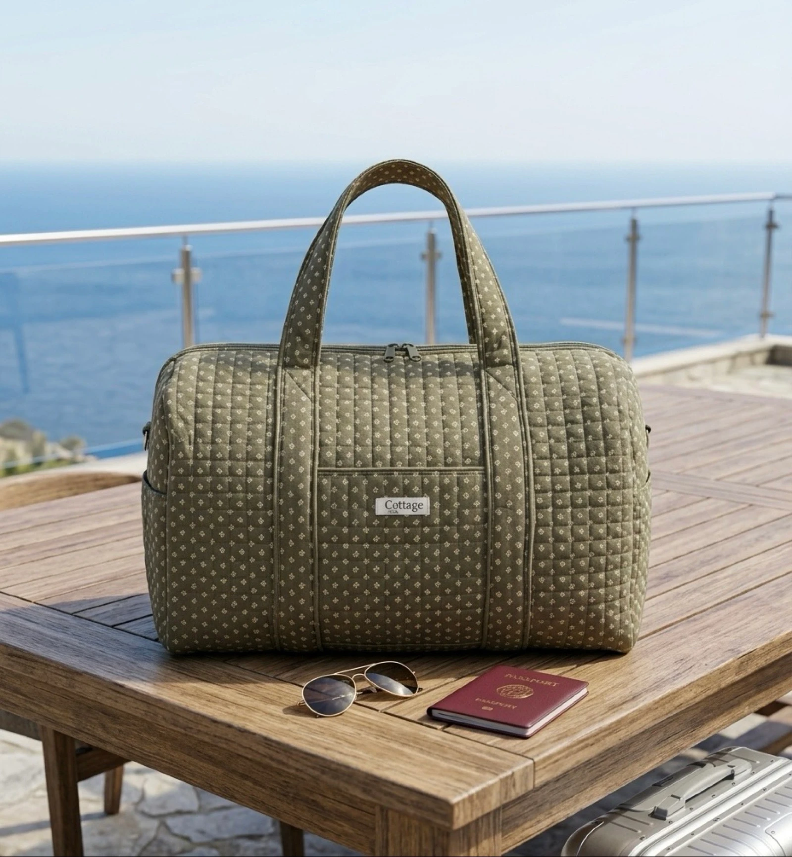Sac de Voyage 100% Coton Collection Cottage & Bag / Modèle Fleurs Géométriques Vert